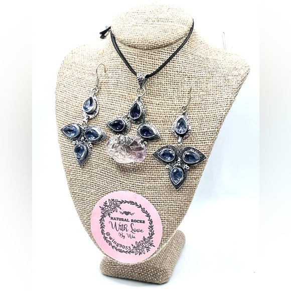 Sea Glass & Purple Statement Piece Pendant & Earrings Set - Picture 3 of 5